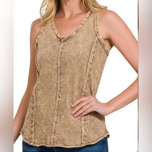 Zenana Crinkle Washed French Terry Raw Hem Back Patch Top New Dark Camel